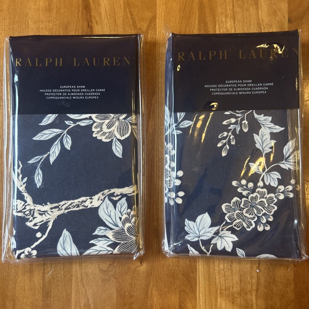 Ralph Lauren Deuville Blossom Euro Shams 2 New in Package Navy Floral